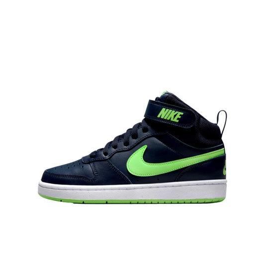 Grade-School Nike Court Borough Mid 2 Dark Obsidian/Lime Blast-White CD7782-403